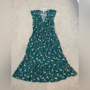 Flutter Sleeve Waist Defined Smocked Midi Dress